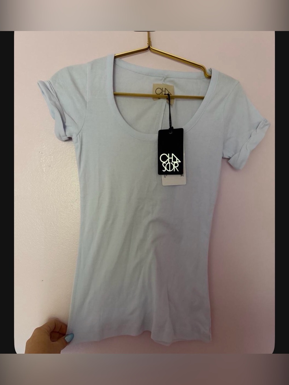Chaser Light Blue Scoop Neck Tee super stretch!